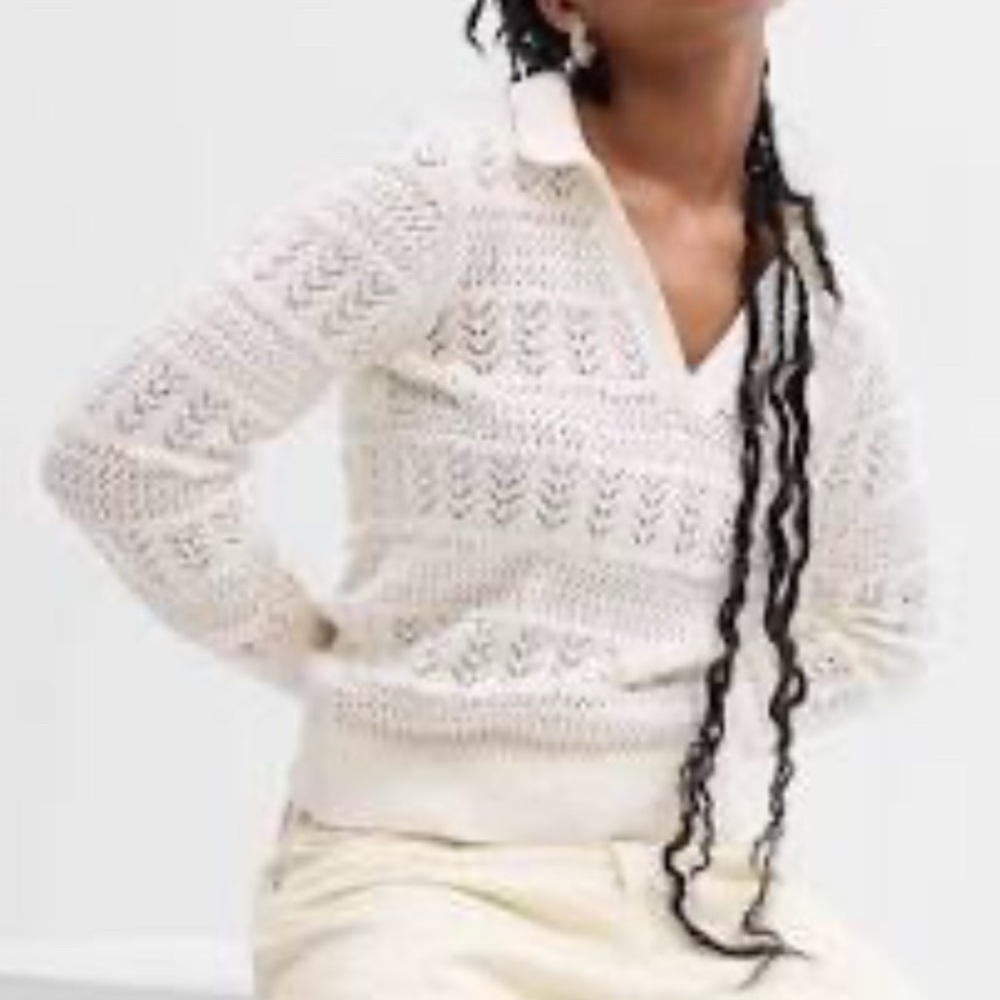 GAP Crochet Collared V-Neck Ribbed Sweater Cream Size L Cotton